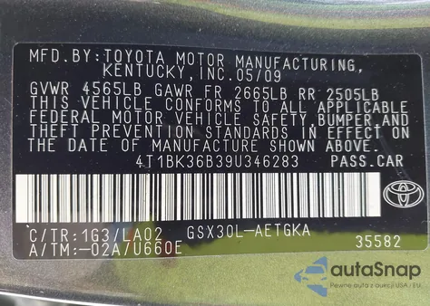 2009 Toyota Avalon Xls z USA, uszkodzony, nr VIN 4T1BK36B39U346283